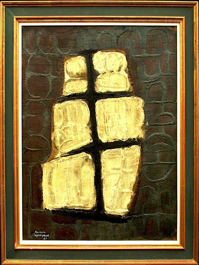 Pintura-Lapayese-Mastil 1961 Pintura abstracta de Ramón Lapayese en imagen de una embarcación con las velas desplegadas