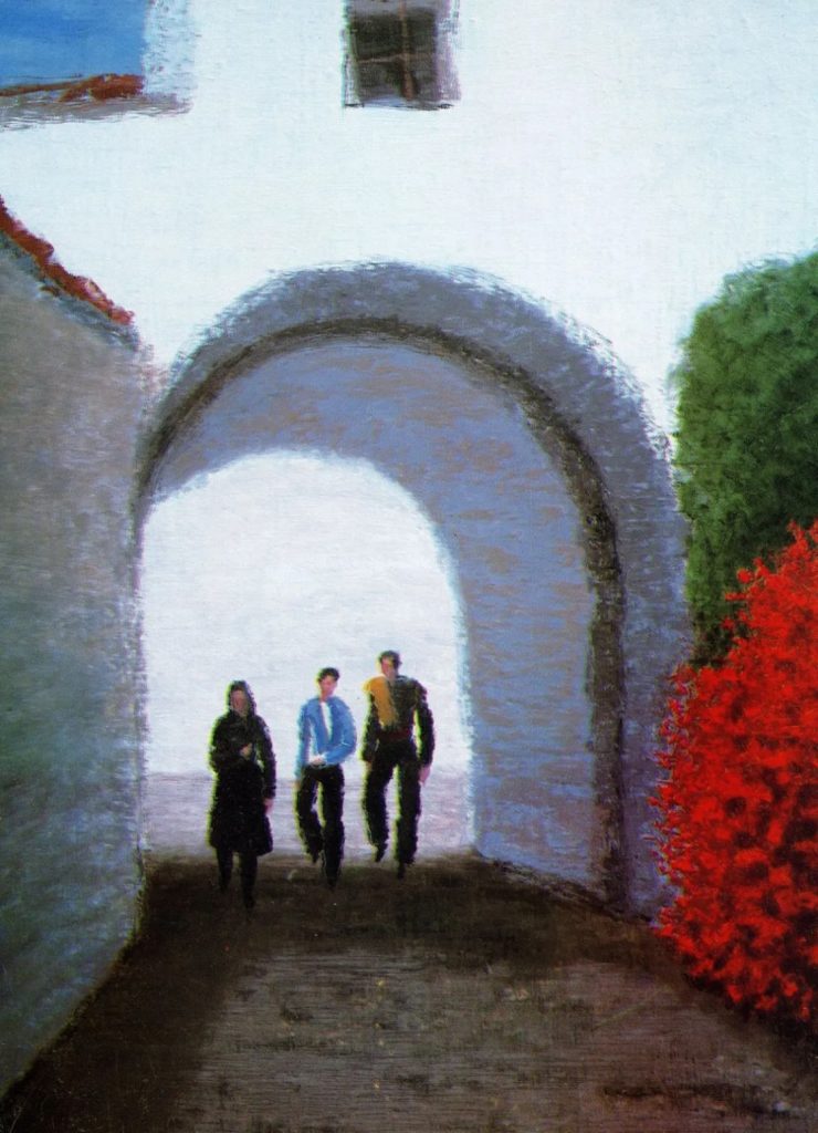 Pintura-Lapayese-Bajo-el-Arco Pintura expresionista de Ramón Lapayese en imagen de tres personajes pasando por un arco en la calle, inspirado en Arcos de la Frontera