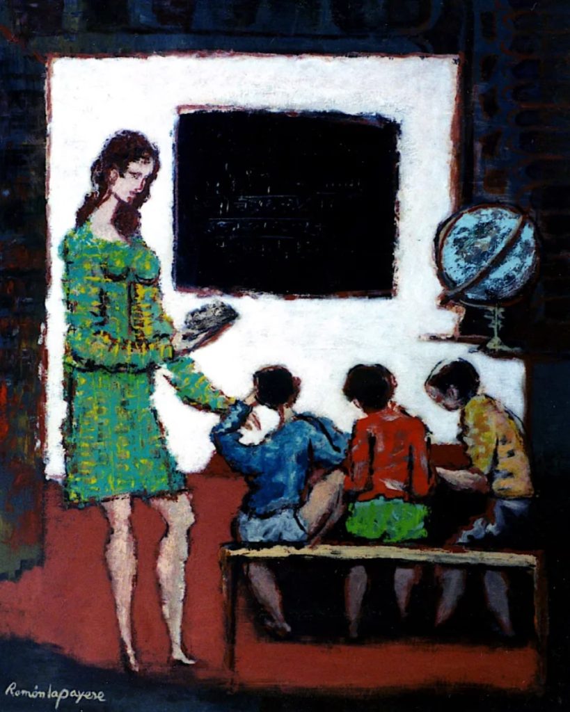 Pintura-Lapayese-Classroom Pintura expresionista de Ramón Lapayese en imagen de una mastra de escuela con tres alumnos en un banco, un mapamundi y pizarra al fondo