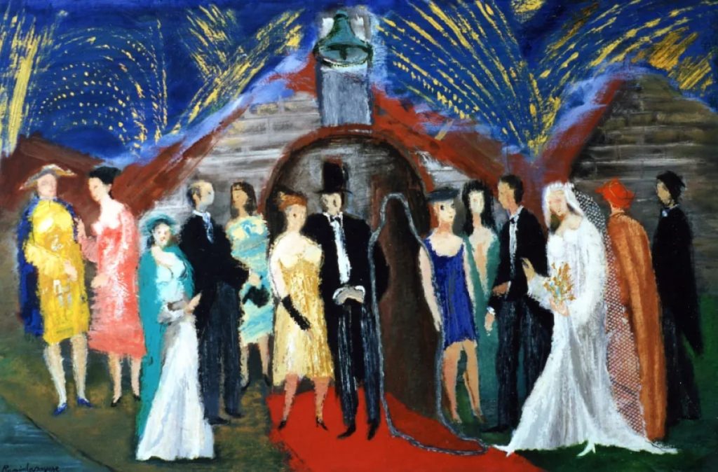 Pintura Pintura expresionista de Ramón Lapayese en imagen descriptiva de una boda con los invitados en primer término