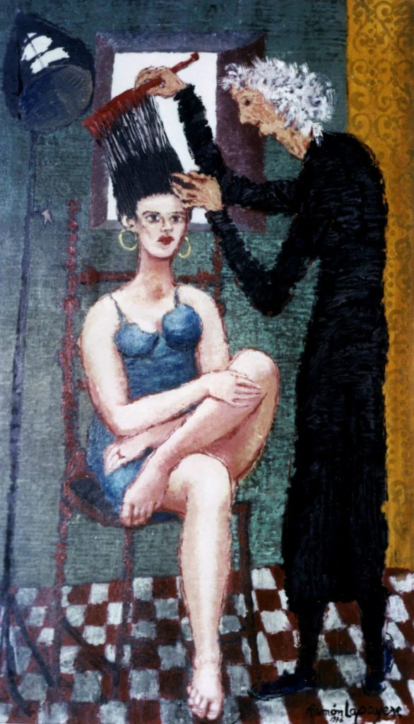 Pintura-Lapayese-Esta-noche-baile Pintura expresionista de Ramón Lapayese en imagen de una anciana arreglando el peinado de una joven