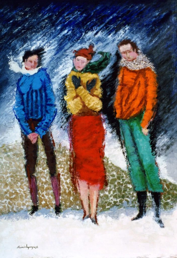 Pintura-Lapayese-Invierno Pintura expresionista de Ramón Lapayese en imagen de tres personajes en paisaje invernal