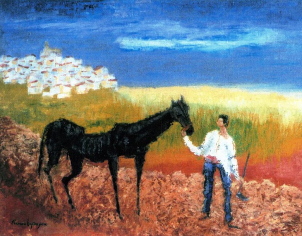 Pintura-Lapayese-Mula-Trabajada Pintura expresionista de Ramón Lapayese en imagen de un hombre con una mula y un pueblo castellano al fondo