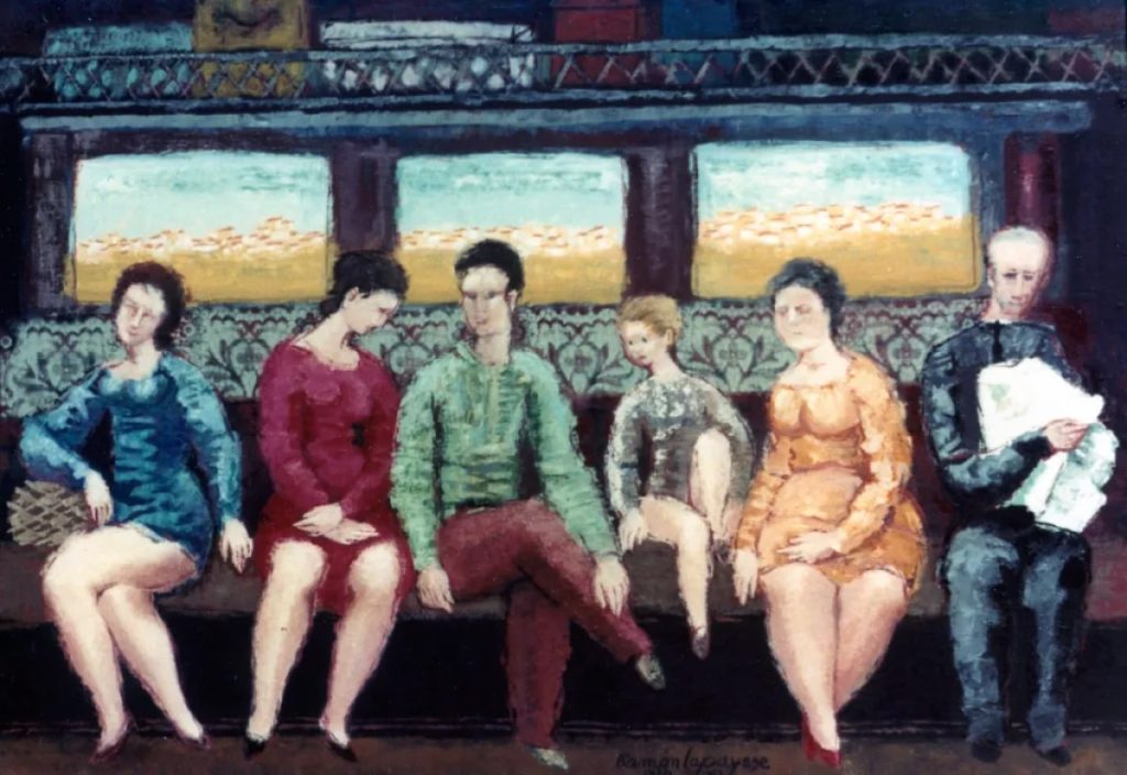 Pintura-Lapayese-Vagón-de-3era Pintura expresionista de Ramón Lapayese en imagen de un vagón de tren con diversos pasajeros