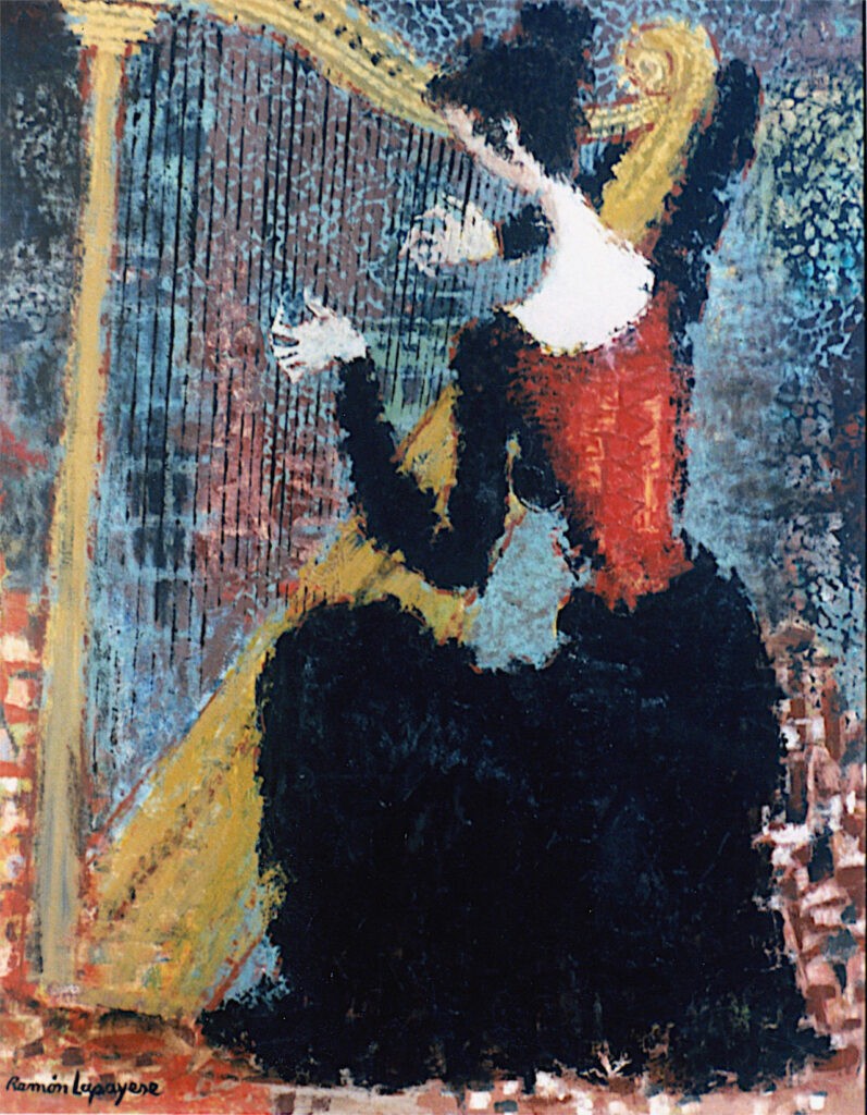 Pintura-Lapayese-Arpista 1972 Pintura expresionista de Ramón Lapayese en imagen de una mujer tocando el arpa