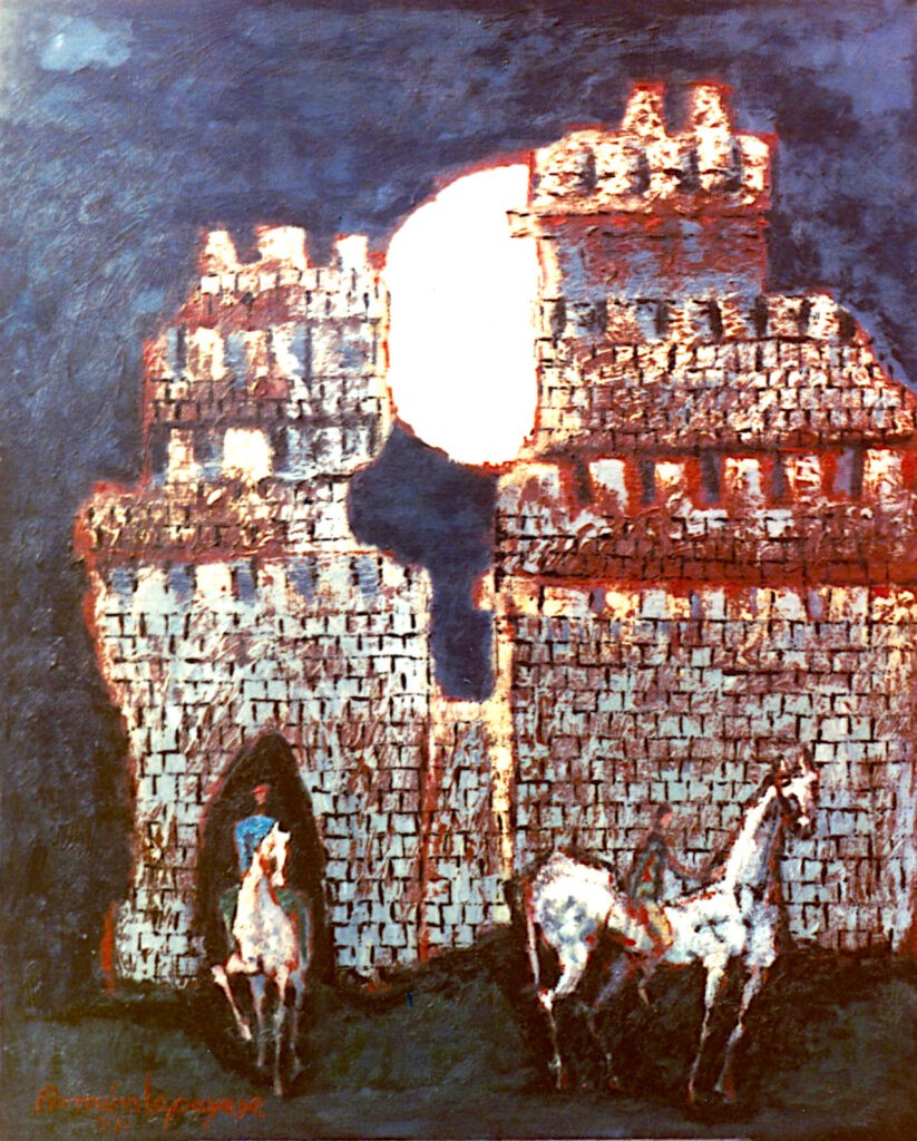 Pintura-Lapayese-Castillo y luna 1973 Pintura expresionista de Ramón Lapayese en imagen de castillo con dos personajes a caballo y la luna de fondo