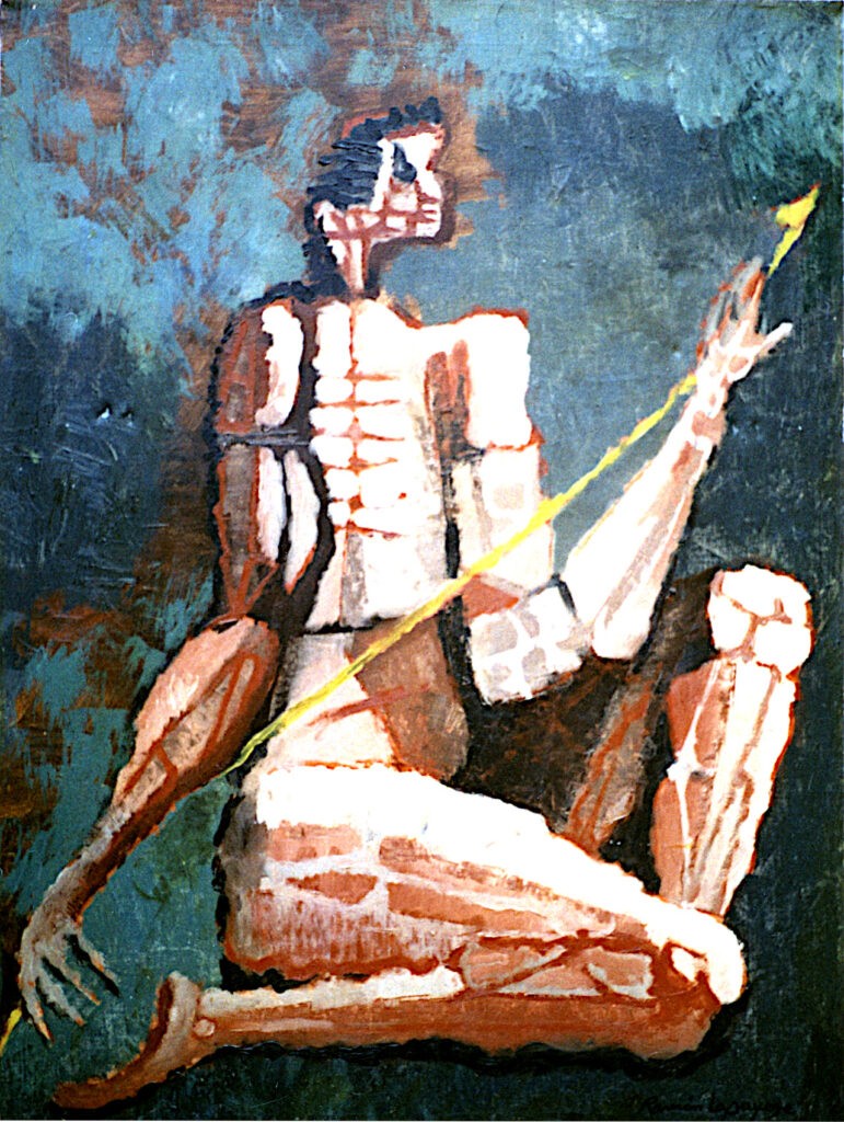 Pintura-Lapayese-Cazador primitivo 1967 Pintura expresionista de Ramón Lapayese en imagen de un cazador con lanza