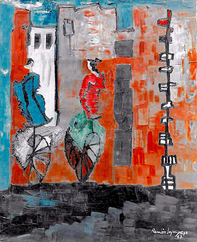 Pintura-Lapayese-Ciclistas en Copenhague 1967 Pintura expresionista de Ramón Lapayese en imagen de dos ciclistas ante un semáforo en las calles de Copenhague