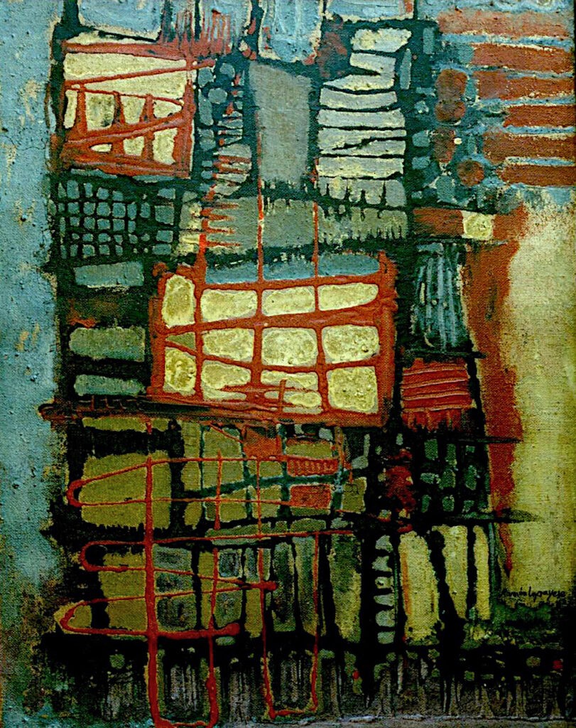 Pintura-Lapayese-Copenhague 1962 Pintura abstracta de Ramón Lapayese en imagen de edificio de Copenague con un reflejo de agua en el inferior
