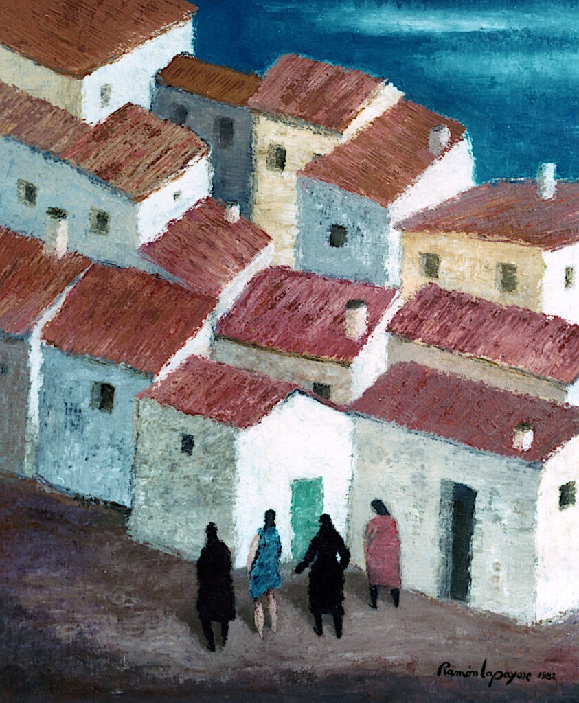 Pintura-Lapayese-Cuatro vecinas 1982 Pintura expresionista de Ramón Lapayese en imagen de un pueblo andaluz con cuatro mujeres delante de las casas