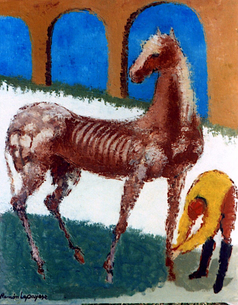 Pintura-Lapayese-Curando al caballo 1973 Pintura expresionista de Ramón Lapayese en imagen de un jinete cuidando la pata de su caballo