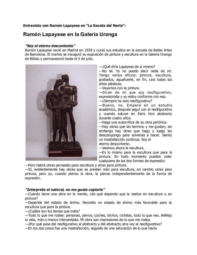 Diario La Gaceta Del Norte, Bilbao 1974 Entrevista Diario La Gaceta Del Norte, Bilbao 1974 Entrevista