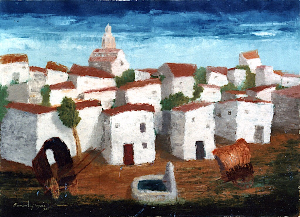 Pintura-Lapayese-La fuente de la plaza 1983 Pintura expresionista, imagen de un pueblo andaluz con una fuente y dos carretas delante