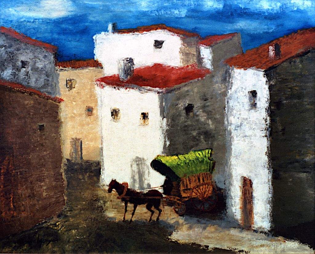 Pintura-Lapayese-La tartana del pueblo 1982 Pintura expresionista de Ramón Lapayese en imagen de un pueblo castellano con un carromato por las calles