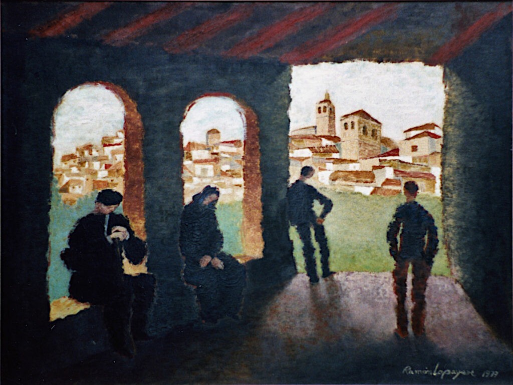 Pintura-Lapayese-Los que quedan 1977 Pintura expresionista de Ramón Lapayese, en imagen de personas bajo unos soportales, con su pueblo castellano al fondo