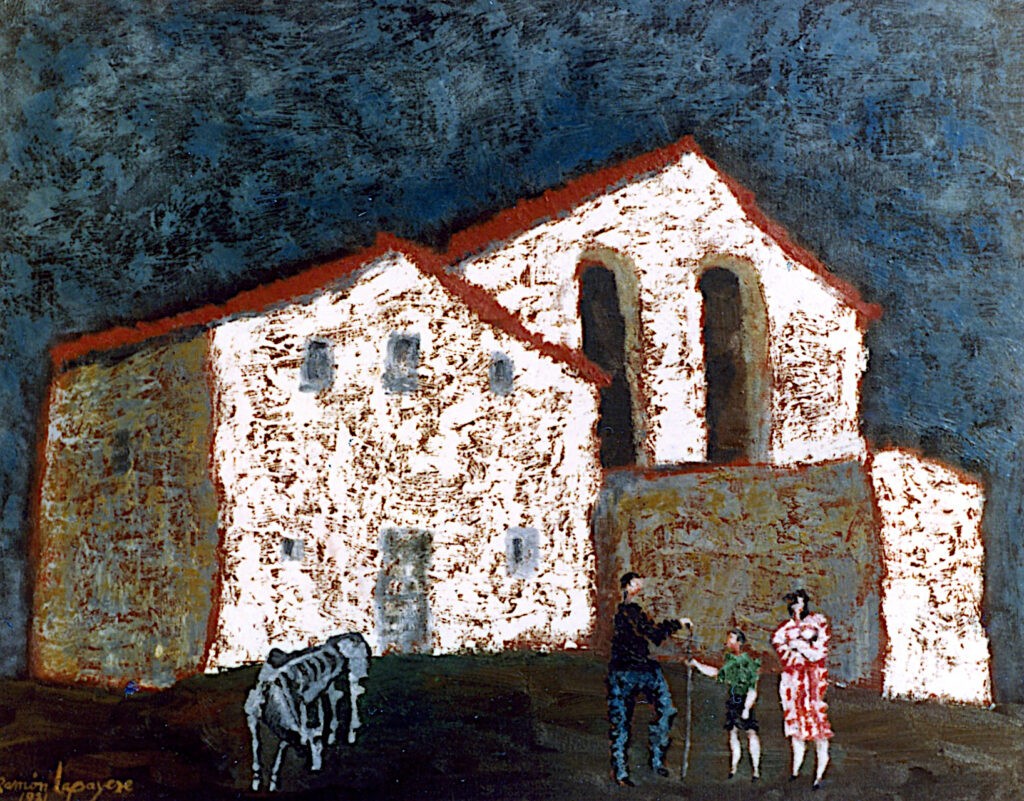 Pintura-Lapayese-Masía, familia y burro 1971 Pintura expresionista de Ramón Lapayese en imagen de una familia y un burro delante de su vivienda catalana