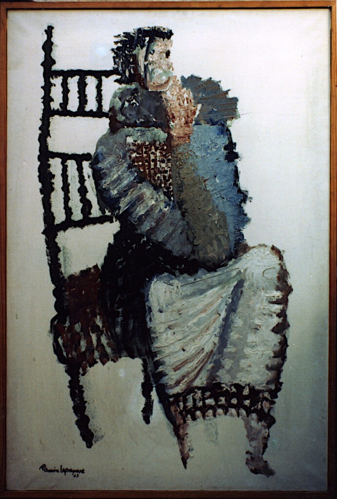 Pintura-Lapayese-Padrinita 1963 Pintura expresionista de Ramón Lapayese en imagen de una mujer pensativa sentada en una butaca