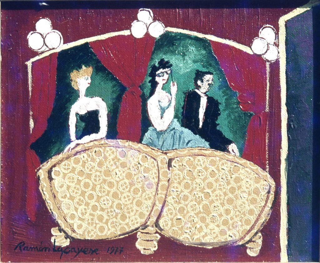 Pintura-Lapayese-Palco de ópera 1977 Pintura expresionista de Ramón Lapayese en imagen de un palco de la ópera con tres personajes asistiendo a la representación