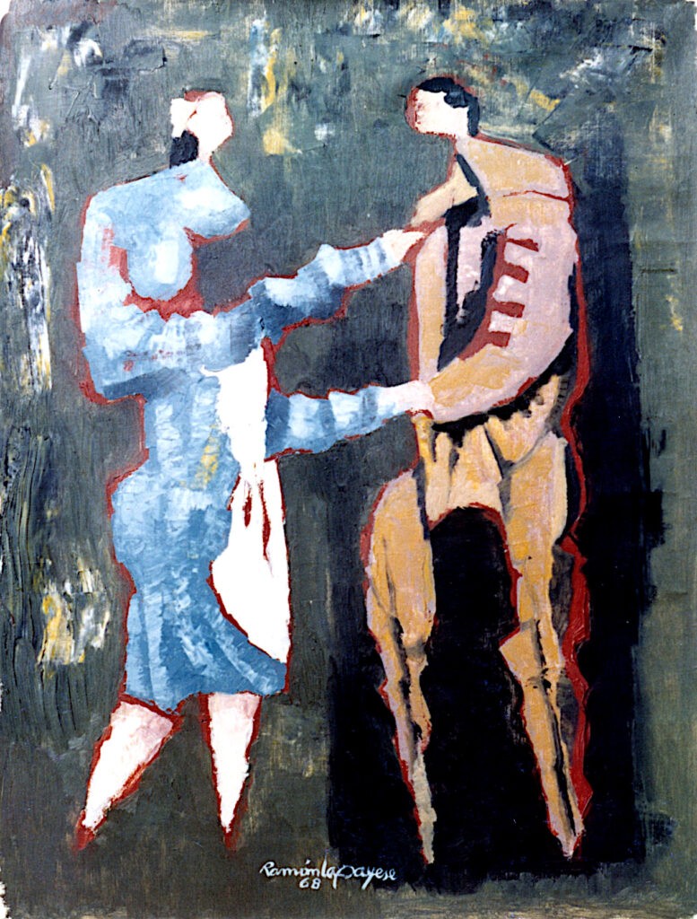 Pintura-Lapayese-Pareja 1968 Pintura expresionista de Ramón Lapayese en imagen de un encuentro de un hombre y una mujer