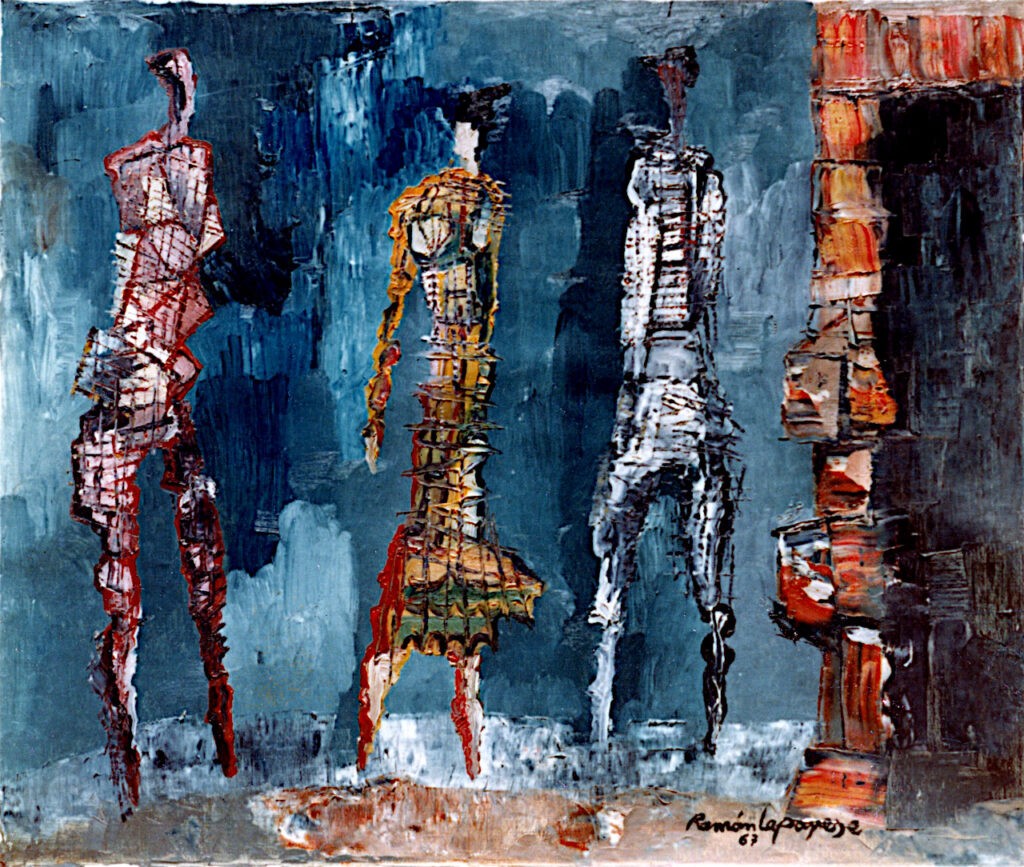 Pintura-Lapayese-Peatones ante el semáforo 1967 Pintura expresionista de Ramón Lapayese en imagen de unos peatones junto a un semáforo