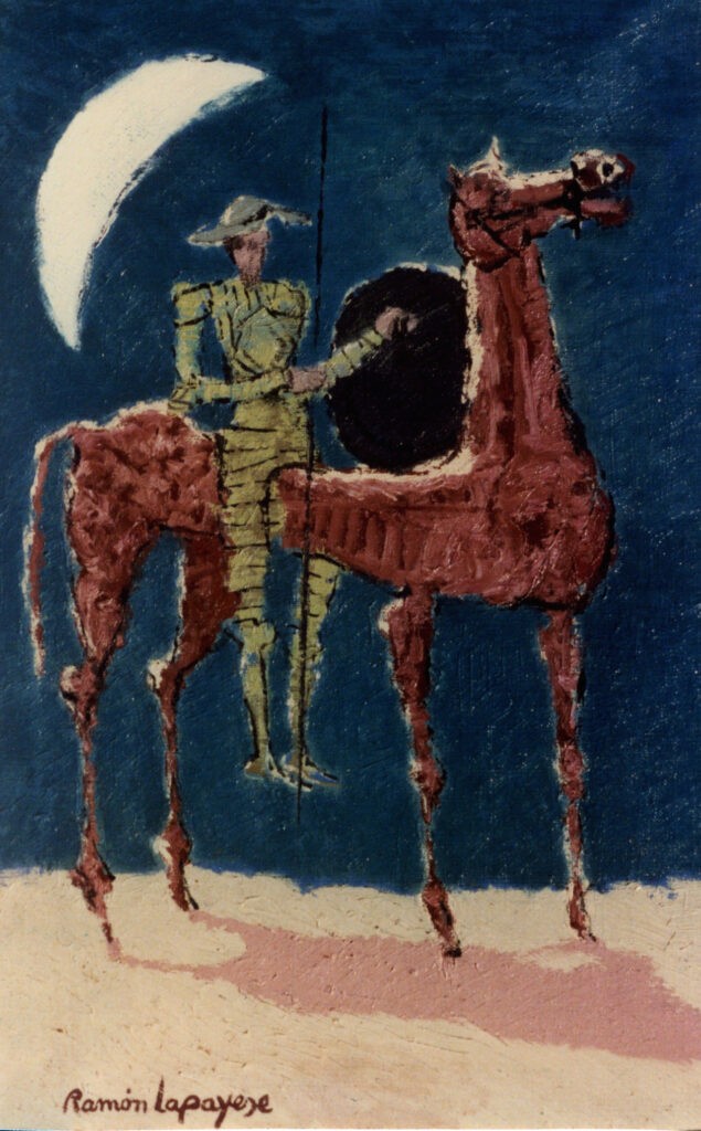 Pintura-Lapayese-Quijote a la luz de la luna Pintura expresionista de Ramón Lapayese en imagen nocturna de Don Quijote con brillos de la luna en su perfil