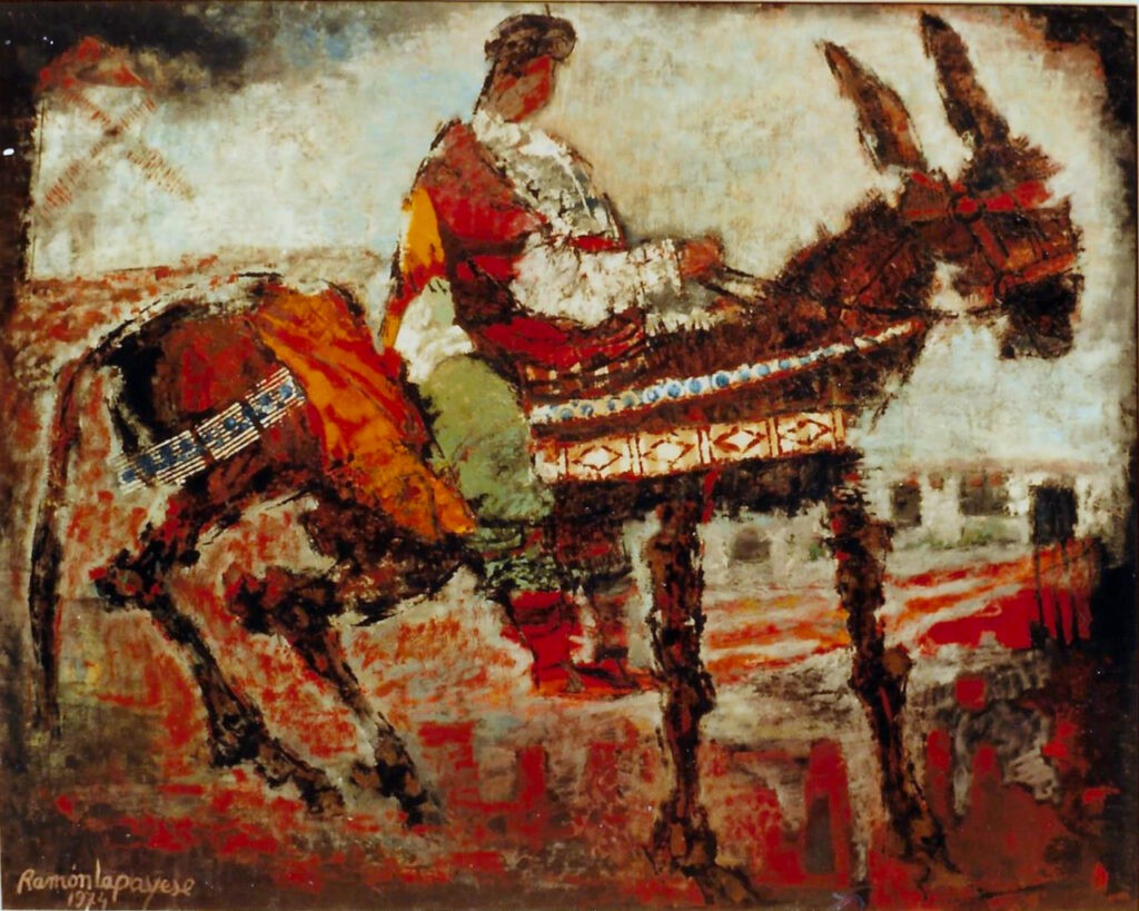 Pintura-Lapayese-Sancho en Zocodover Pintura expresionista de Ramón Lapayese en imagen de Sancho Panza sobre su burro y un molino de viento al fondo