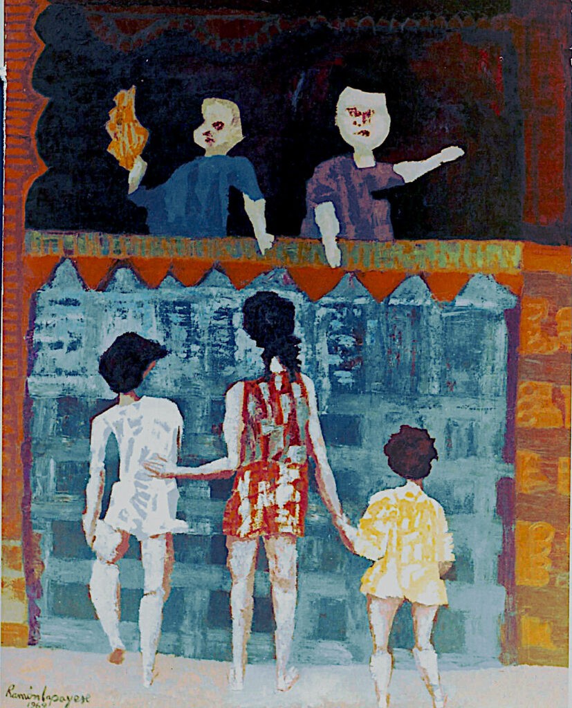 Pintura-Lapayese-Teatro de niños 1969 Pintura expresionista de Ramón Lapayese en imagen de unos niños de espaldas viendo un teatro de marionetas