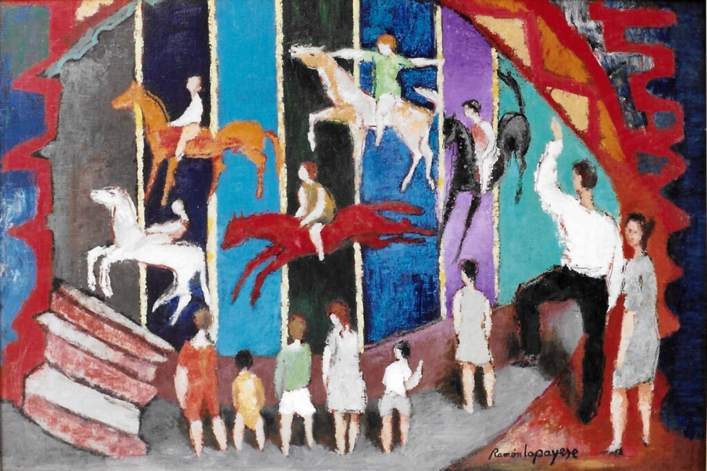 Pintura-Lapayese-Tiovivo 1983 Pintura expresionista de Ramón Lapayese en imagen de un tiovivo con niños montados en los caballos y personas mirando alrededor