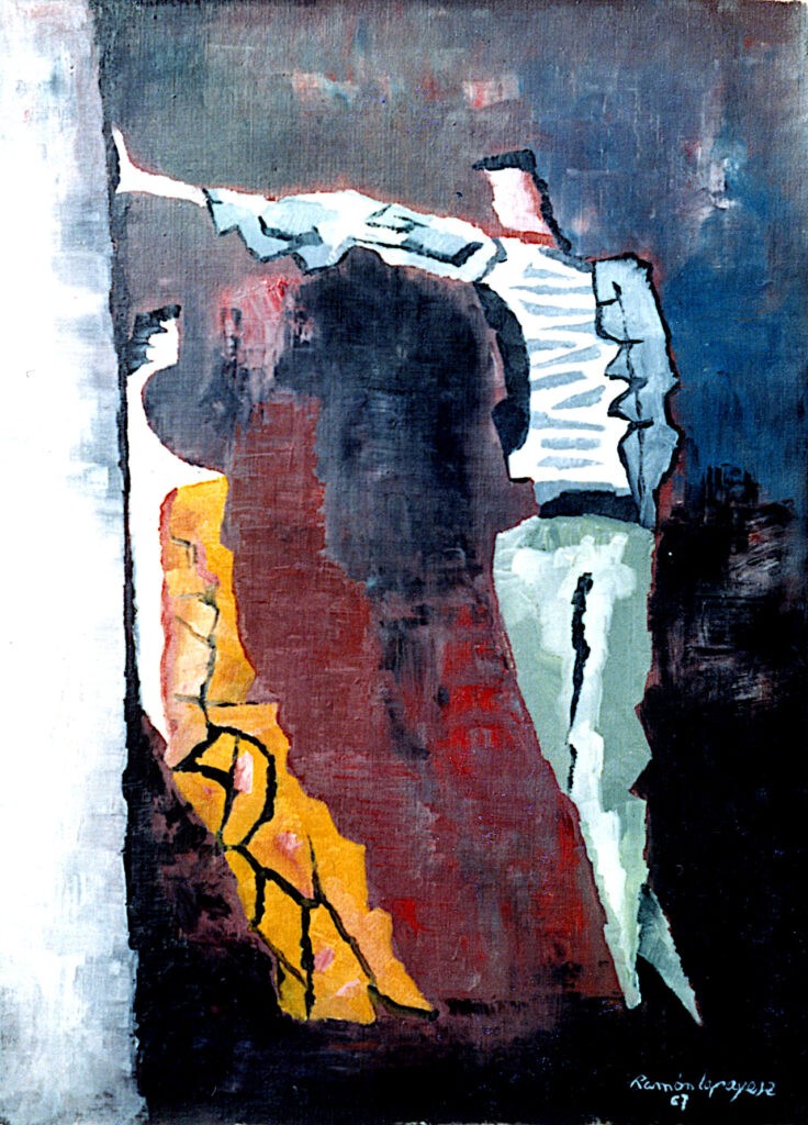 Pintura-Lapayese-Hamburg 1967 Pintura expresionista de Ramón Lapayese en imagen de una mujer y un hombre apoyados en un muro