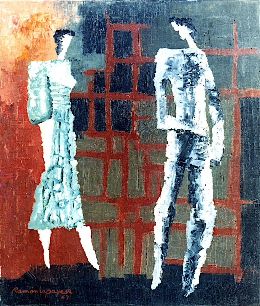 Pintura-Lapayese-La cita 1967 Pintura expresionista de Ramón Lapayese en imagen de un hombre y una mujer caminando