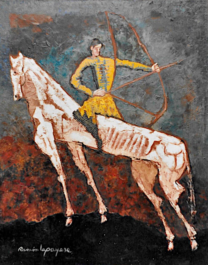 Pintura-Lapayese-Cazador medieval 1976 92 x 73. Pintura expresionista de Ramón Lapayese en imagen de un arquero apuntando con su arma