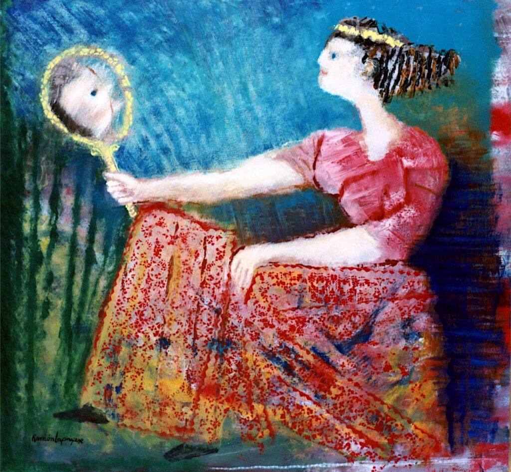 Pintura-Lapayese-El espejo 1993 Pintura expresionista de Ramón Lapayese en imagen donde un personaje se mira a un espejo