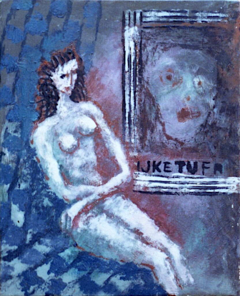 Pintura-Lapayese-El poster 1973 29 x 23 Pintura expresionista de Ramón Lapayese en imagen de una mujer junto a un poster expresionista