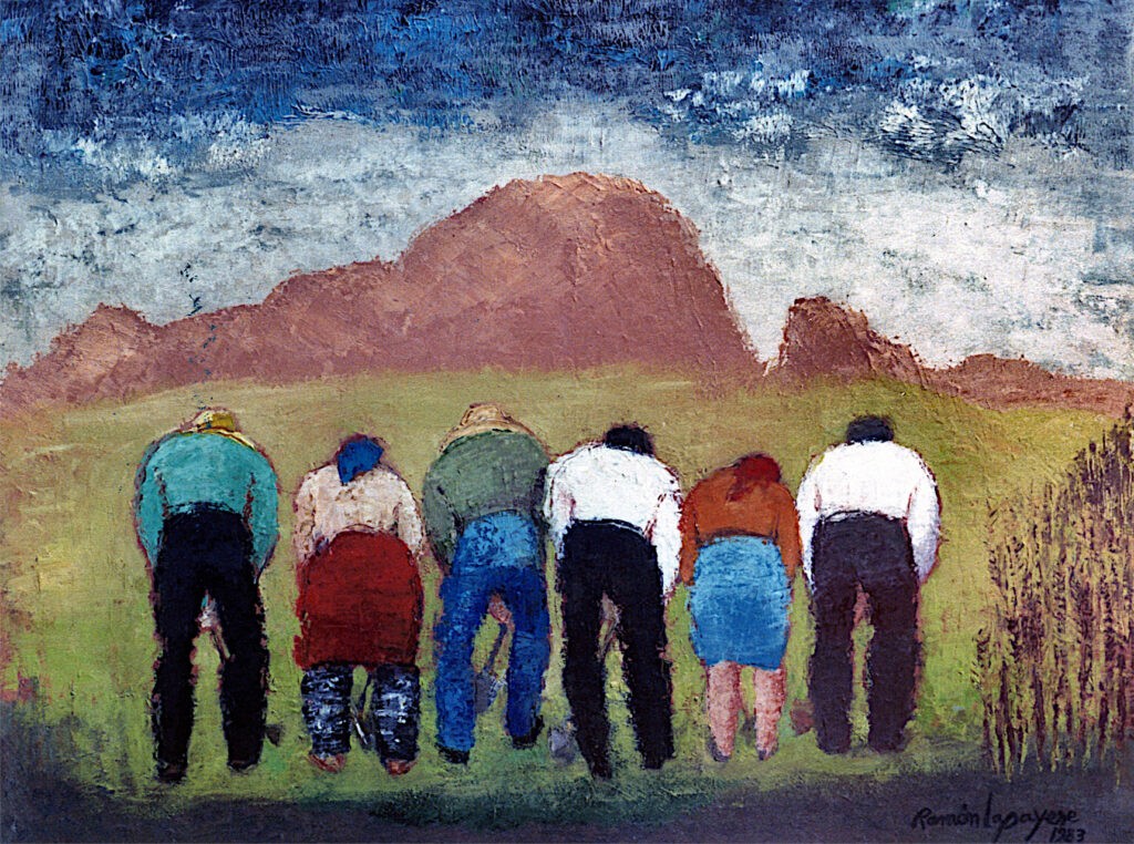 Pintura-Lapayese-Escardadores 1987 Pintura expresionista de Ramón Lapayese en imagen de un grupo de personas en sus tareas agrícolas
