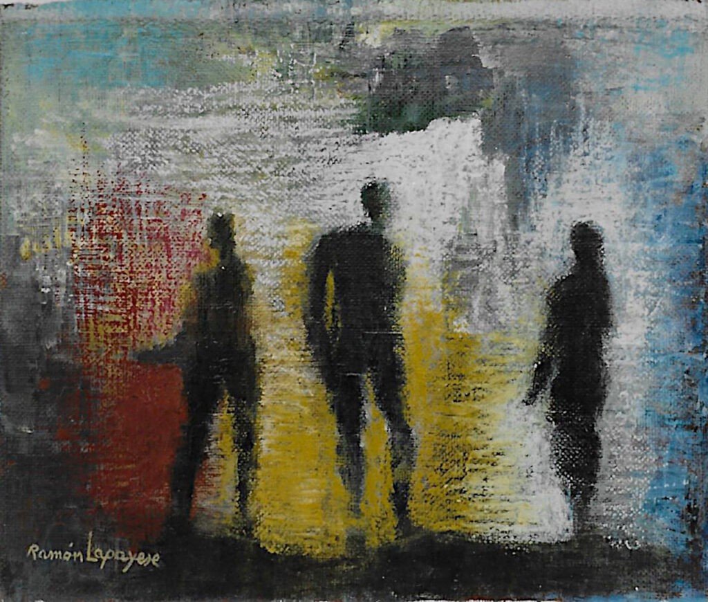 Pintura-Lapayese-Esperando el OVNI 1993 Pintura expresionista de Ramón Lapayese en imagen de unas personas aguardando un evento paranormal