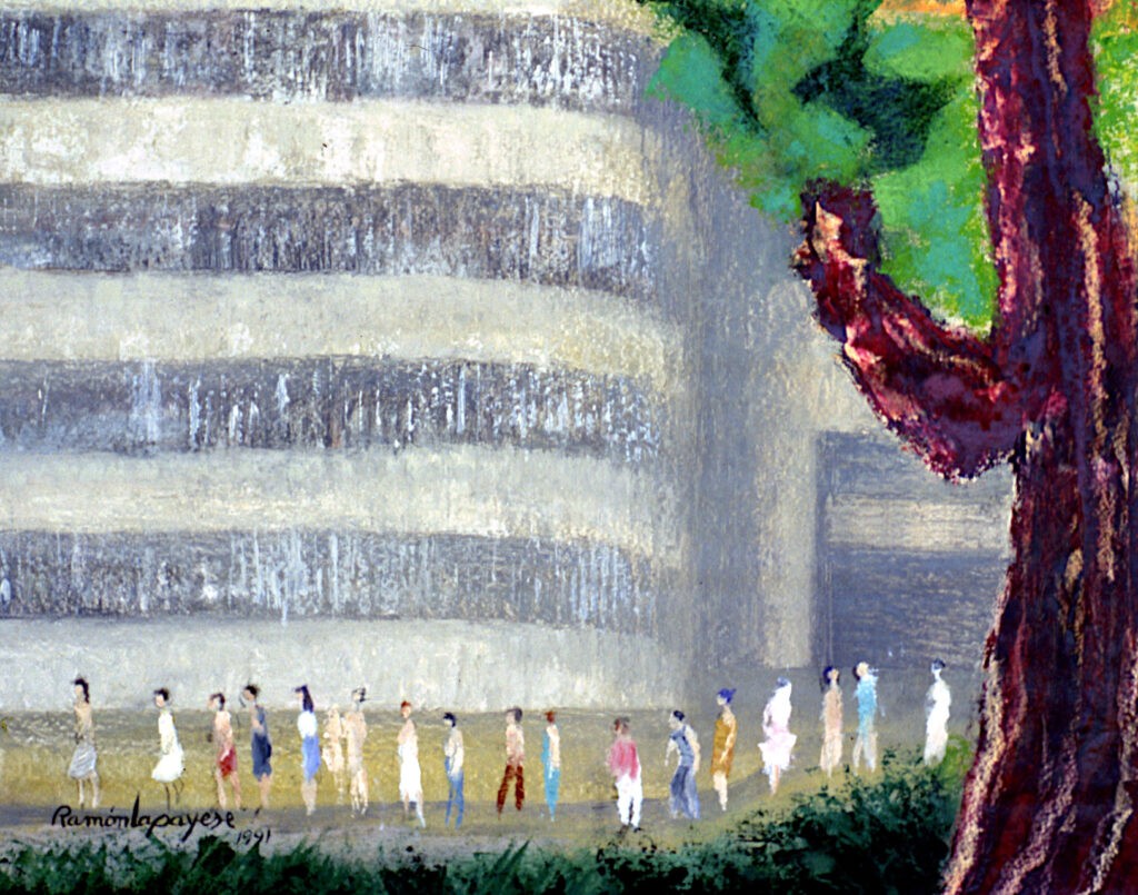 Pintura-Lapayese-Miami Building 1993 Pintura expresionista de Ramón Lapayese en imagen de unas personas aguardando fila para acceder a un edificio