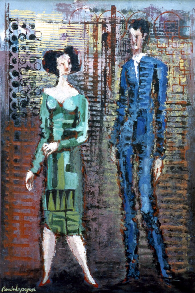 Pintura-Lapayese-Salida de la fábrica 1973 Pintura expresionista de Ramón Lapayese en imagen de una pareja de trabajadores saliendo de la fábrica