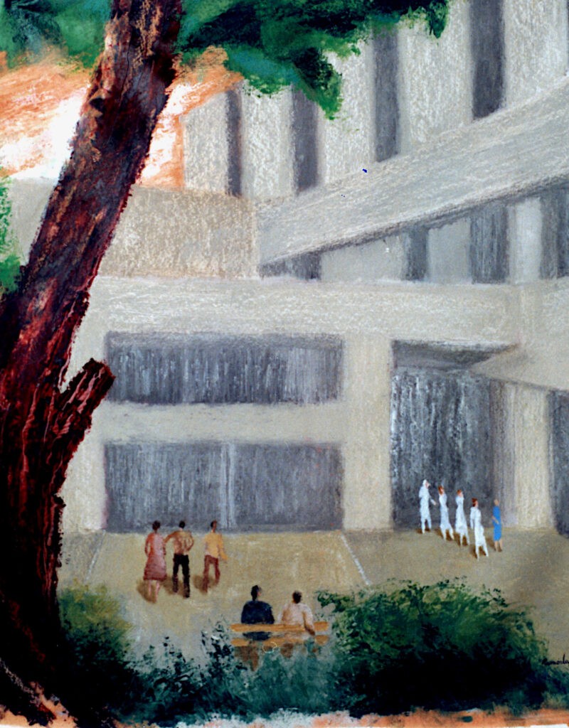 Pintura-Lapayese-Structures Miami 1991 Pintura expresionista de Ramón Lapayese en imagen de unas personas ante un edificio