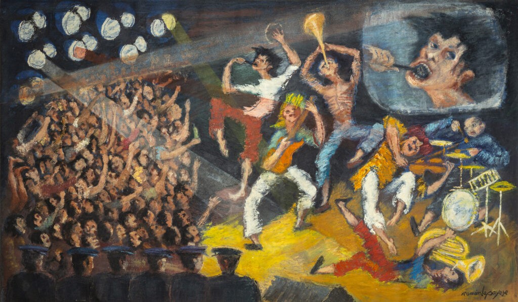 Pintura-Lapayese-A Hard Days Night_SC, 1992 Pintura expresionista de Ramón Lapayese en imagen de un concierto de rock