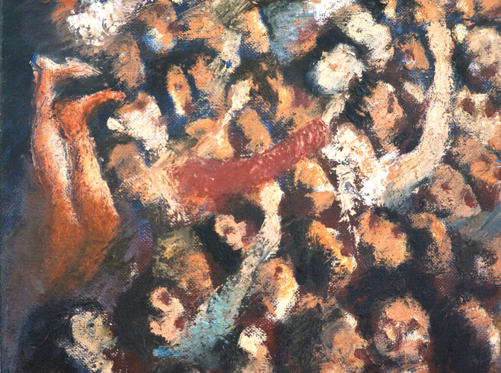 Pintura-Lapayese-A Hard Days Night Detalle01, 1992 Pintura expresionista de Ramón Lapayese en imagen de un concierto de rock