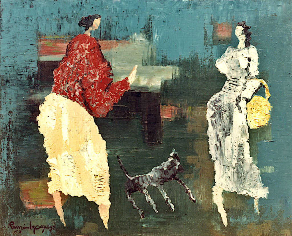 Pintura-Lapayese-Encuentro, 1967 Pintura expresionista de Ramón Lapayese en imagen de dos mujeres y un perro