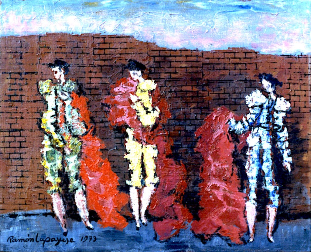 Lapayese - pintura - tauromaquia - toro - torero - óleo sobre lienzo - Antes del paseíllo, óleo sobre lienzo, 33 x 41 cm, 1979 Lapayese - pintura - tauromaquia - toro - torero - óleo sobre lienzo - Antes del paseíllo, óleo sobre lienzo, 33 x 41 cm, 1979