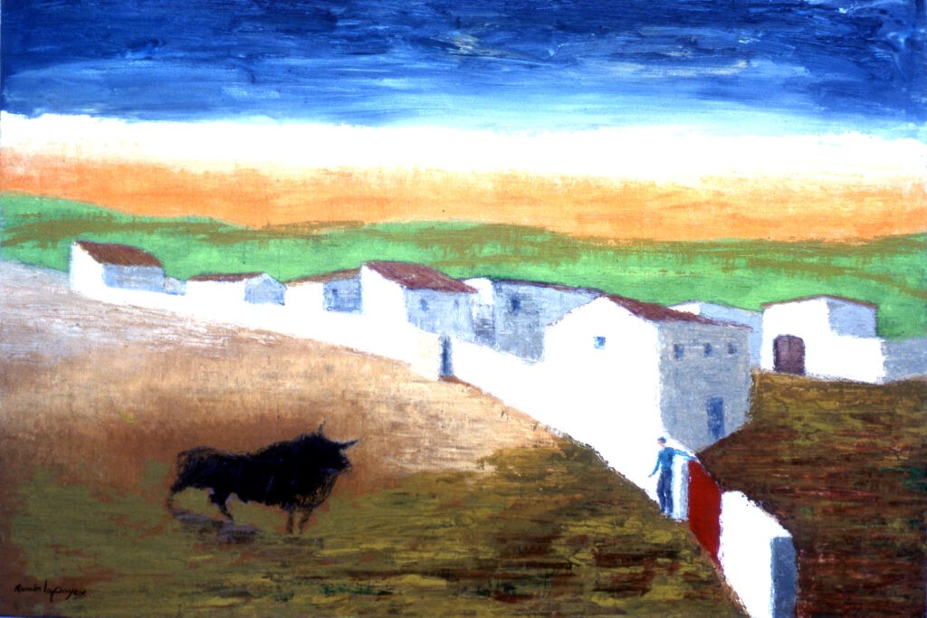 Lapayese - pintura - tauromaquia - toro - torero - Cortijo - óleo sobre lienzo - 1982 Lapayese - pintura - tauromaquia - toro - torero - Cortijo - óleo sobre lienzo - 1982