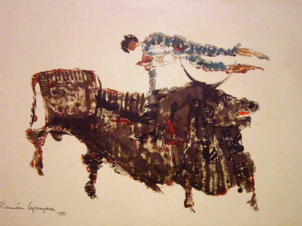 Lapayese - pintura - tauromaquia - toro - torero - Entre los cuernos - técnica mixta sobre papel - 1981 Lapayese - pintura - tauromaquia - toro - torero - Entre los cuernos - técnica mixta sobre papel - 1981