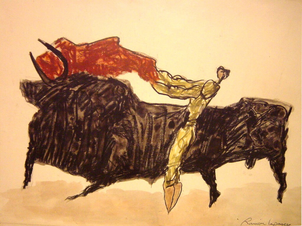 Lapayese - pintura - tauromaquia - toro - torero - Pase a dos manos - técnica mixta sobre papel - 1969 Lapayese - pintura - tauromaquia - toro - torero - Pase a dos manos - técnica mixta sobre papel - 1969