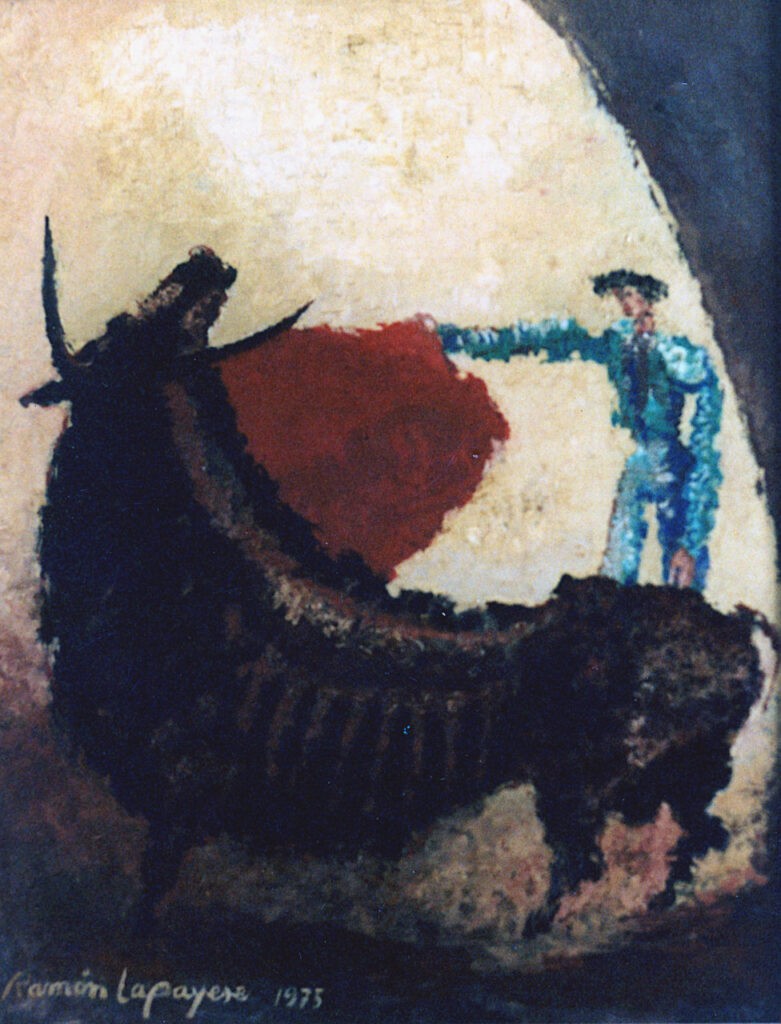 Lapayese - pintura - tauromaquia - toro - torero - Pase en redondo - óleo sobre lienzo - 1975 Lapayese - pintura - tauromaquia - toro - torero - Pase en redondo - óleo sobre lienzo - 1975