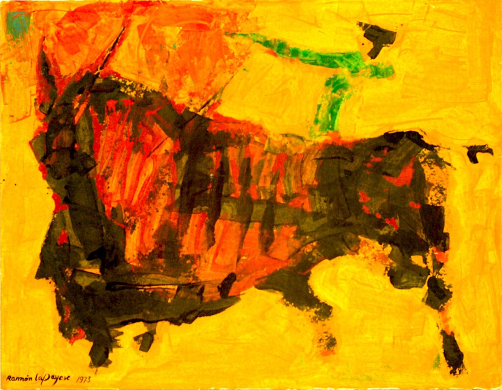 Lapayese - pintura - tauromaquia - toro - torero - Pase por alto II - óleo sobre papel en tablero - 1973 Lapayese - pintura - tauromaquia - toro - torero - Pase por alto II - óleo sobre papel en tablero - 1973