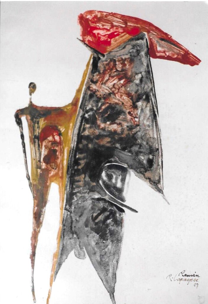 Lapayese - pintura - tauromaquia - toro - torero - Pase por alto - técnica mixta sobre papel - 1957 Lapayese - pintura - tauromaquia - toro - torero - Pase por alto - técnica mixta sobre papel - 1957