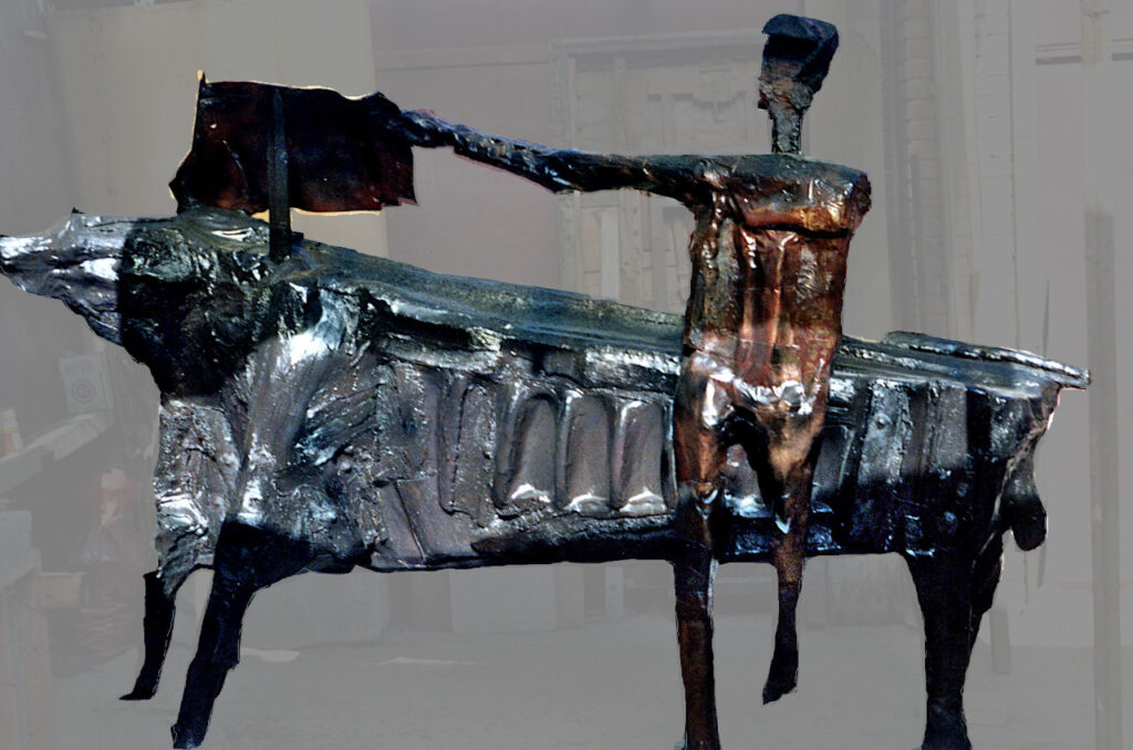 Lapayese - escultura - tauromaquia - Toro y torero - tamaño natural - madera, cuero y hierro, reforma y restauración, 1980 Lapayese - escultura - tauromaquia - Toro y torero - tamaño natural - madera, cuero y hierro, reforma y restauración, 1980