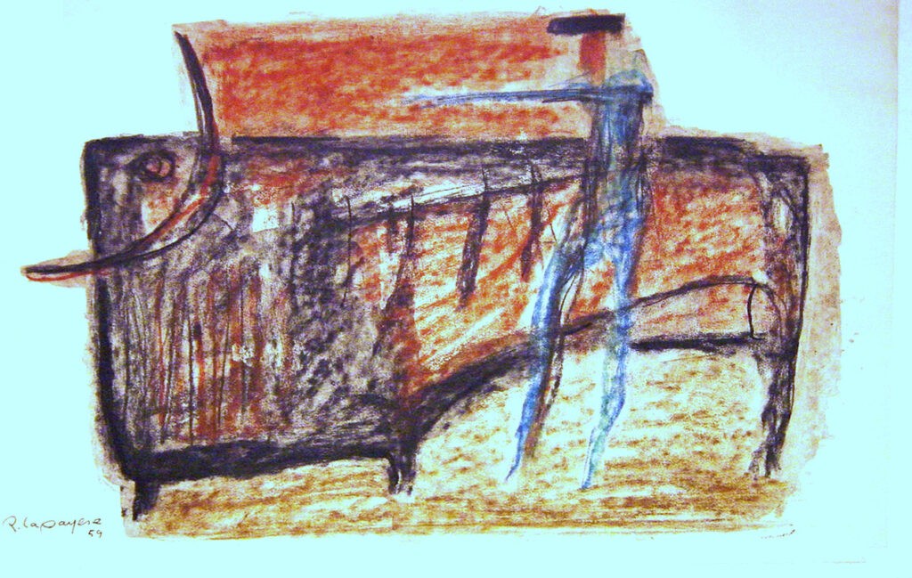 Lapayese - pintura - tauromaquia - toro - torero - Toro y torero azul - técnica mixta sobre papel - 1959 Lapayese - pintura - tauromaquia - toro - torero - Toro y torero azul - técnica mixta sobre papel - 1959